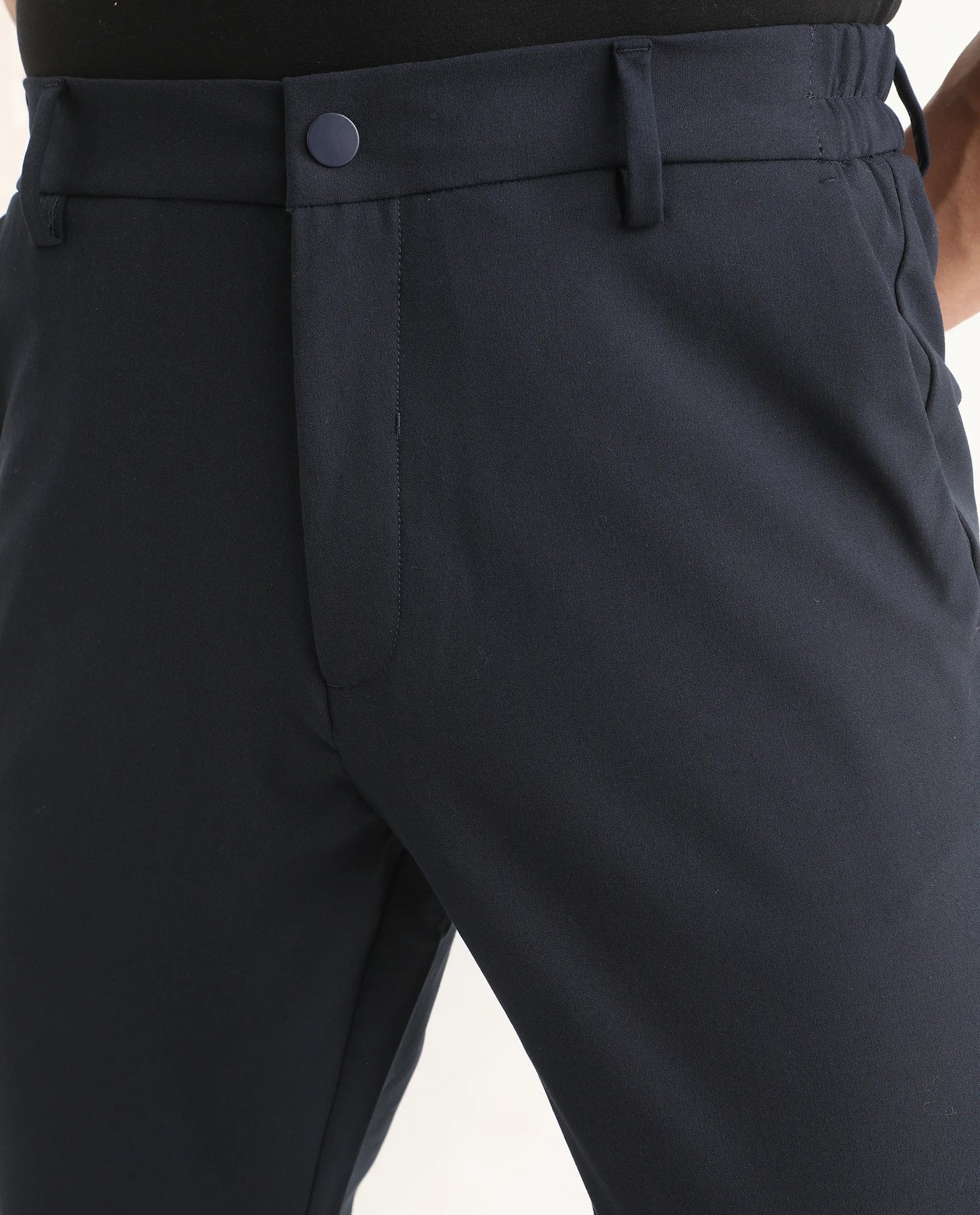 Rare Rabbit Men's Travel-Ss26 Navy Polyester Fabric Button And Zip Closure Closure Plain Trouser | Rare Rabbit at Broadway