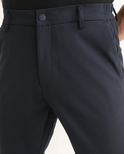 Rare Rabbit Men's Travel-Ss26 Navy Polyester Fabric Button And Zip Closure Closure Plain Trouser | Rare Rabbit at Broadway