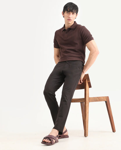 Rare Rabbit Men's Travel-Ss26 Dark Brown Polyester Fabric Button And Zip Closure Closure Plain Trouser | Rare Rabbit at Broadway