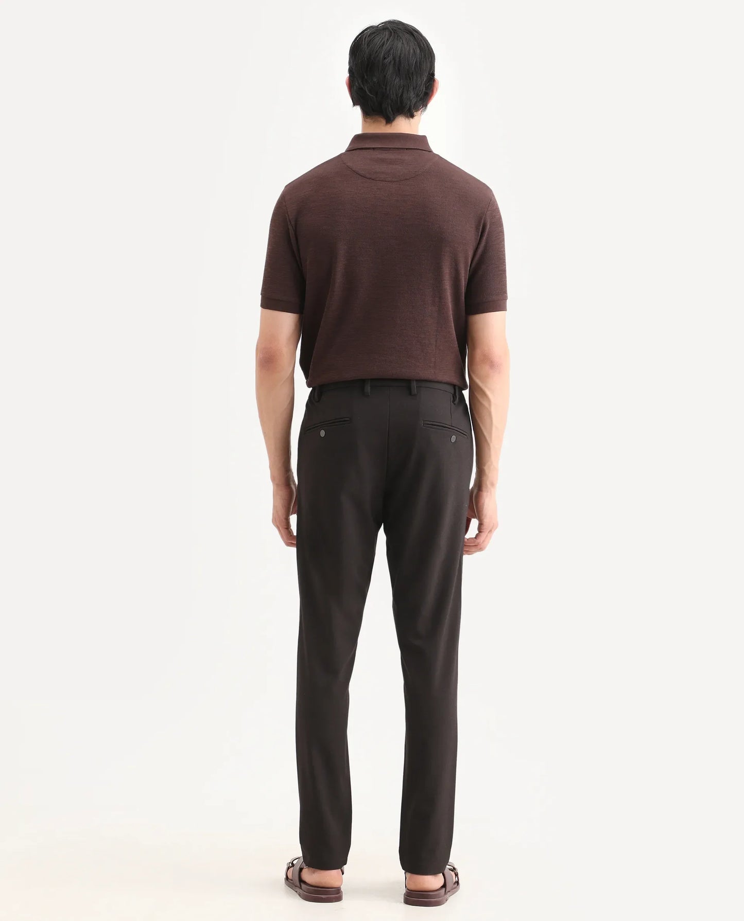 Rare Rabbit Men's Travel-Ss26 Dark Brown Polyester Fabric Button And Zip Closure Closure Plain Trouser | Rare Rabbit at Broadway