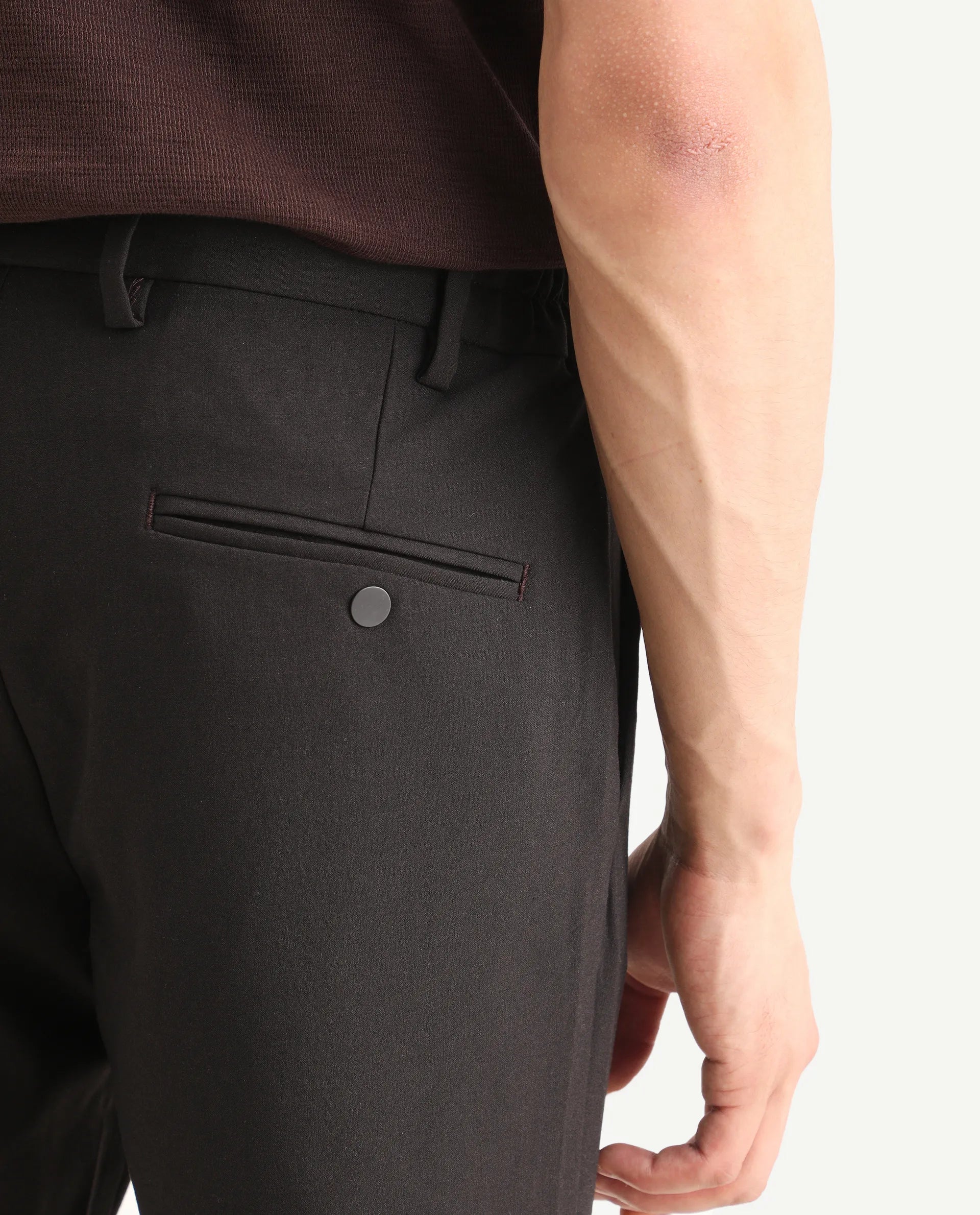 Rare Rabbit Men's Travel-Ss26 Dark Brown Polyester Fabric Button And Zip Closure Closure Plain Trouser | Rare Rabbit at Broadway