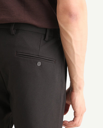 Rare Rabbit Men's Travel-Ss26 Dark Brown Polyester Fabric Button And Zip Closure Closure Plain Trouser | Rare Rabbit at Broadway