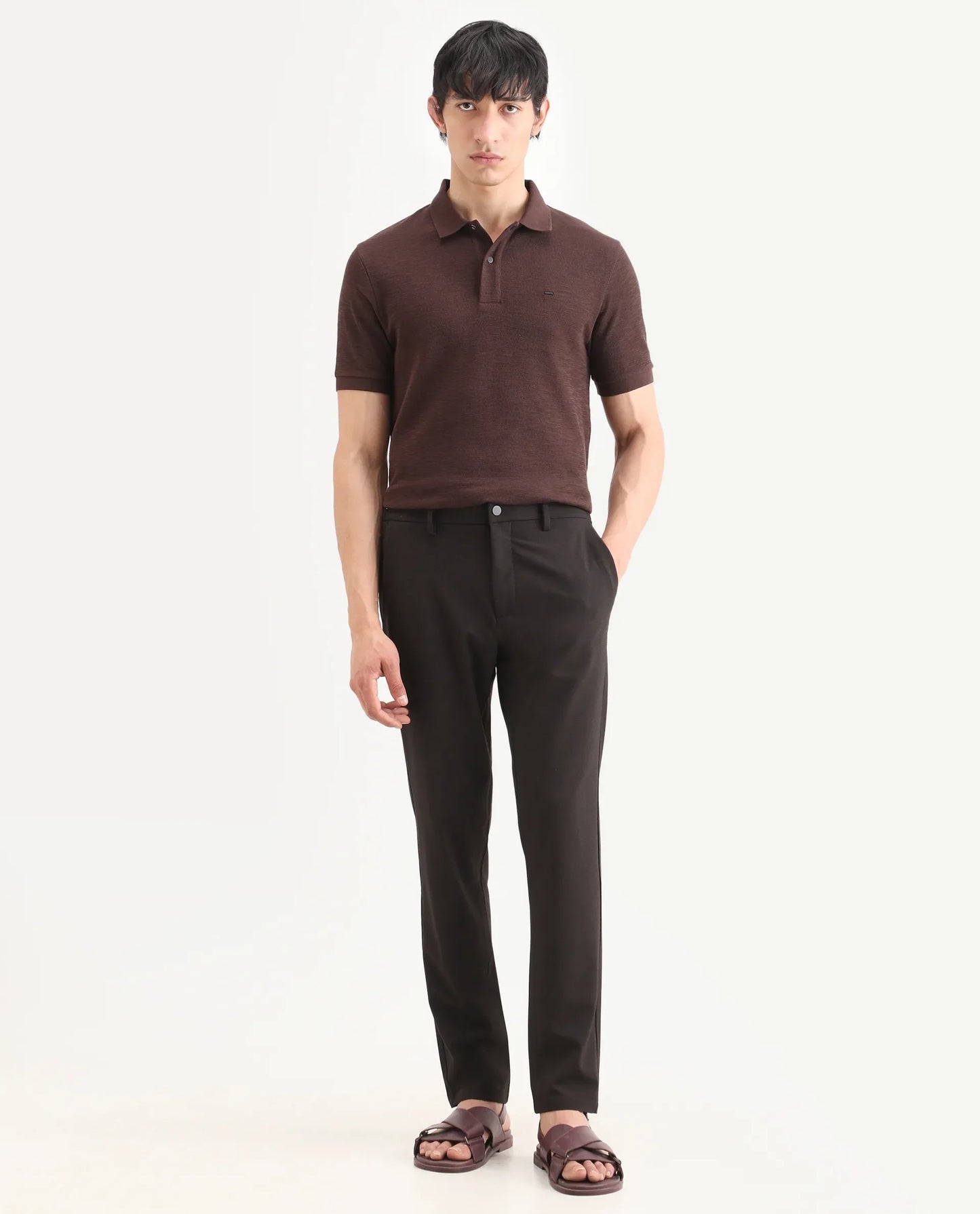 Rare Rabbit Men's Travel-Ss26 Dark Brown Polyester Fabric Button And Zip Closure Closure Plain Trouser | Rare Rabbit at Broadway
