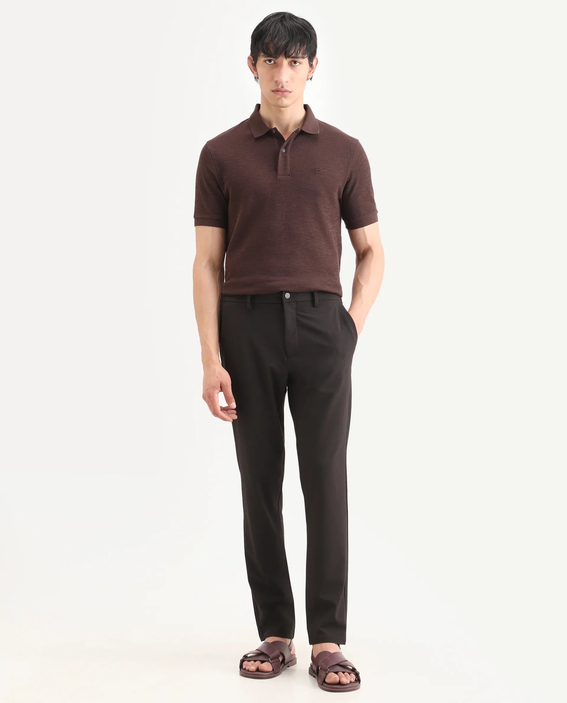 Rare Rabbit Men's Travel-Ss26 Dark Brown Polyester Fabric Button And Zip Closure Closure Plain Trouser | Rare Rabbit at Broadway