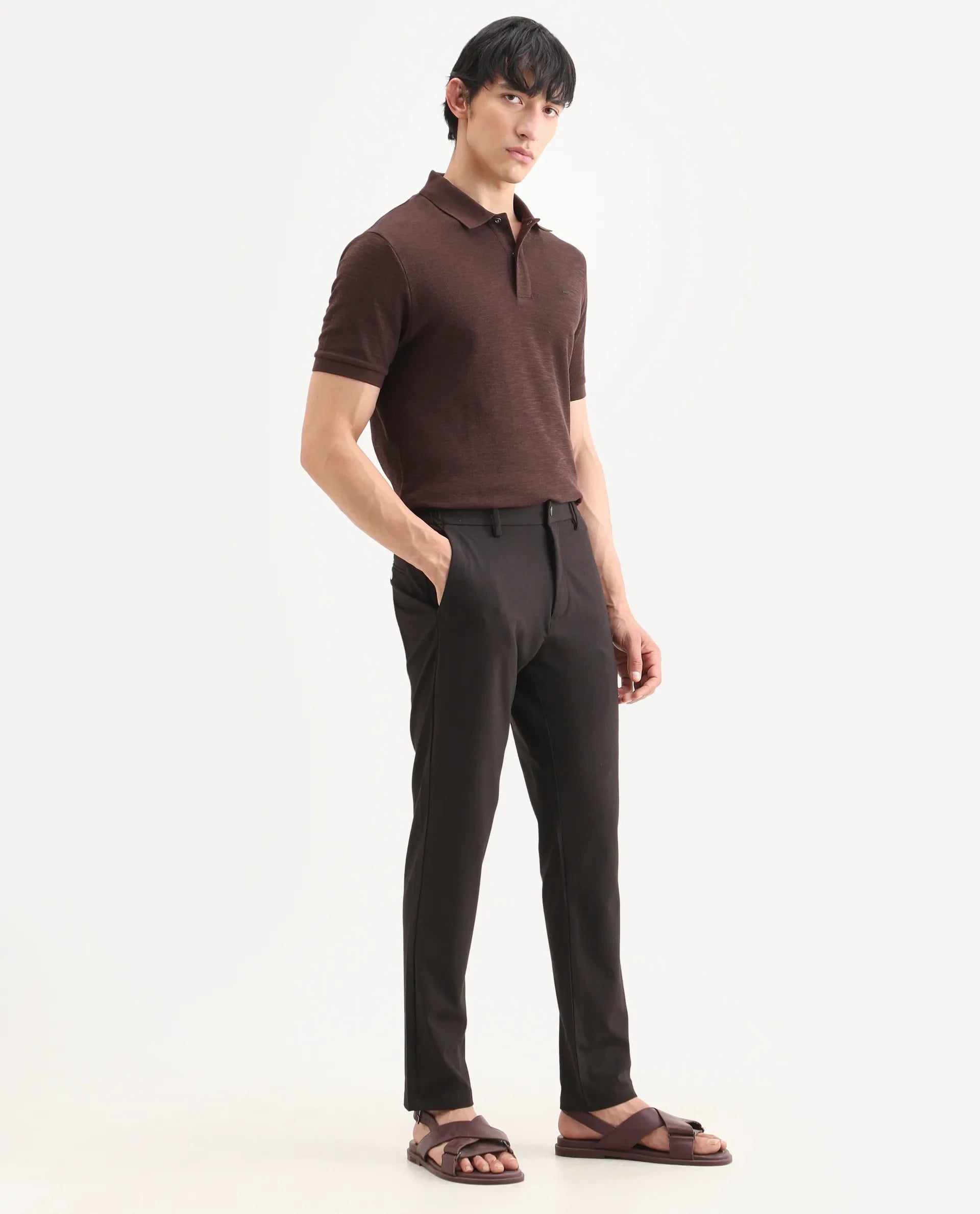Rare Rabbit Men's Travel-Ss26 Dark Brown Polyester Fabric Button And Zip Closure Closure Plain Trouser | Rare Rabbit at Broadway