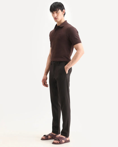 Rare Rabbit Men's Travel-Ss26 Dark Brown Polyester Fabric Button And Zip Closure Closure Plain Trouser | Rare Rabbit at Broadway