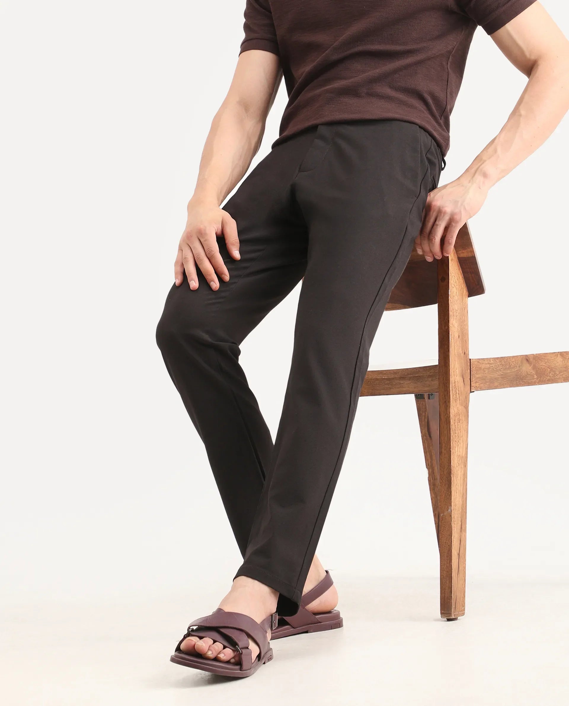 Rare Rabbit Men's Travel-Ss26 Dark Brown Polyester Fabric Button And Zip Closure Closure Plain Trouser | Rare Rabbit at Broadway