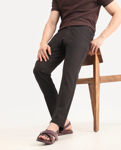 Rare Rabbit Men's Travel-Ss26 Dark Brown Polyester Fabric Button And Zip Closure Closure Plain Trouser | Rare Rabbit at Broadway