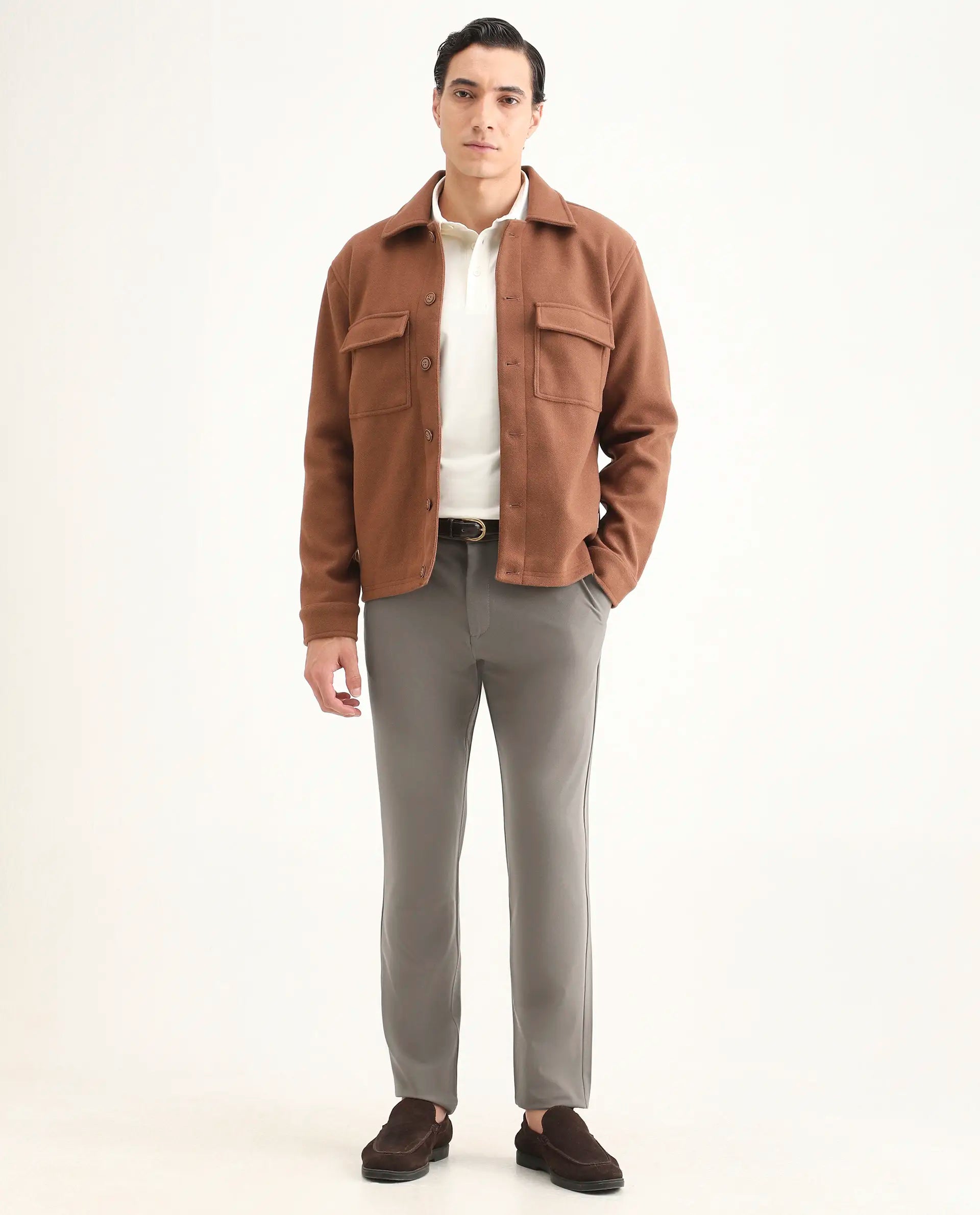 Rare Rabbit Men's Travel-Ss26 Dark Beige Polyester Fabric Button And Zip Closure Closure Plain Trouser | Rare Rabbit at Broadway