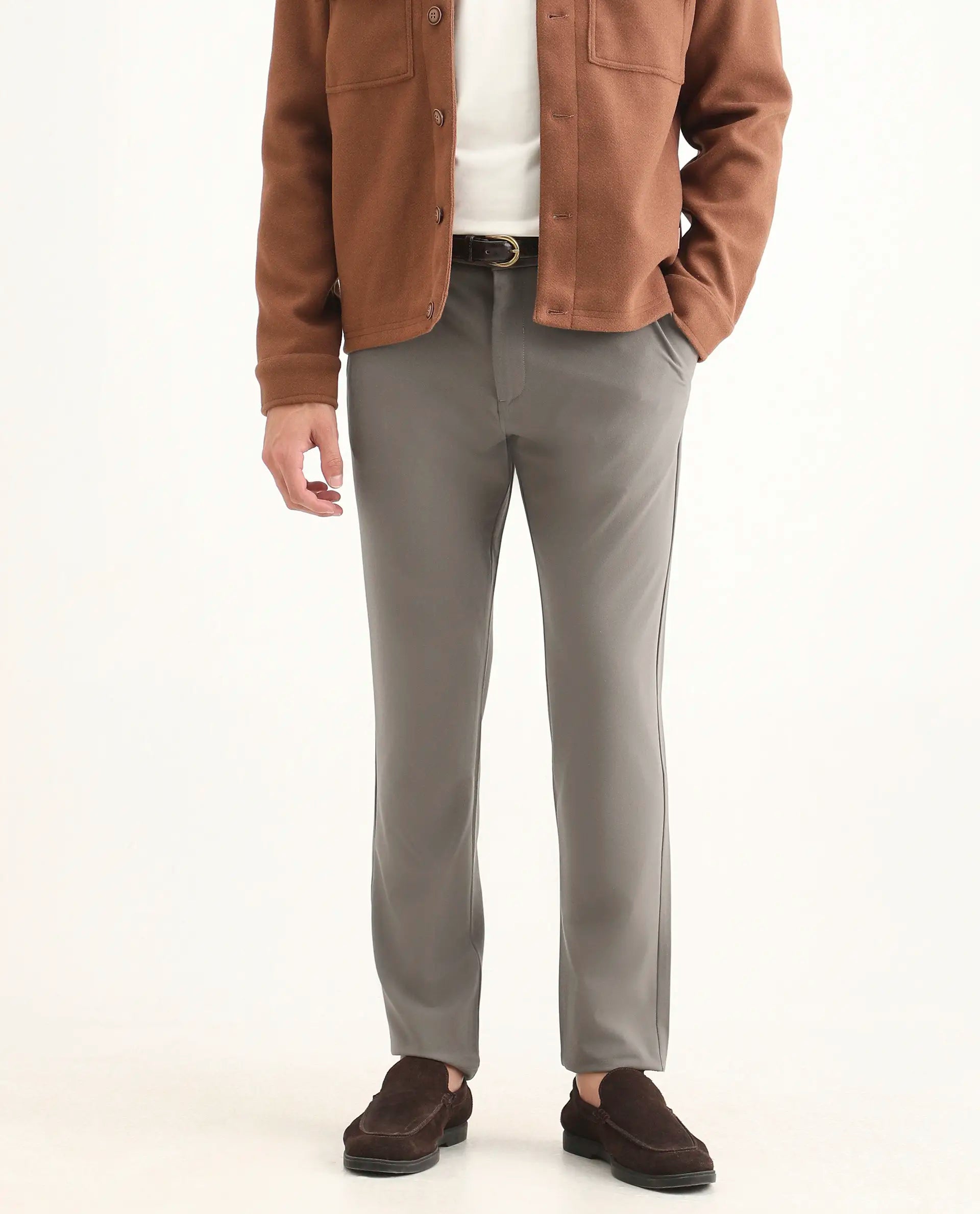 Rare Rabbit Men's Travel-Ss26 Dark Beige Polyester Fabric Button And Zip Closure Closure Plain Trouser | Rare Rabbit at Broadway