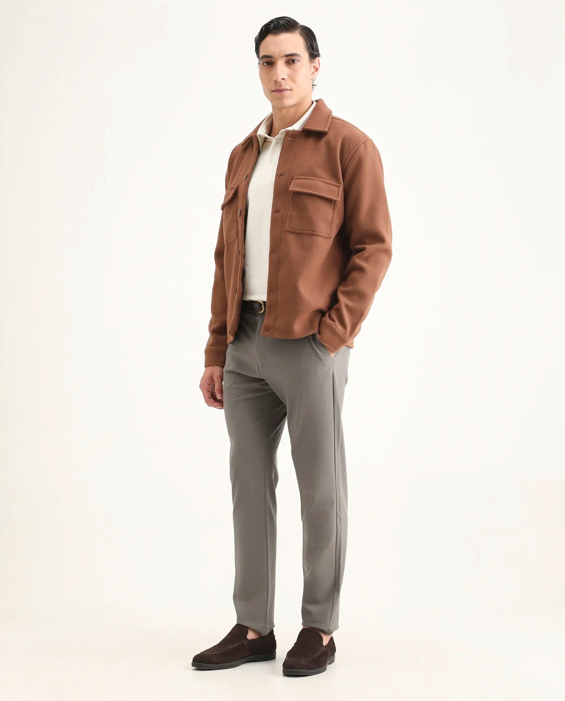 Rare Rabbit Men's Travel-Ss26 Dark Beige Polyester Fabric Button And Zip Closure Closure Plain Trouser | Rare Rabbit at Broadway