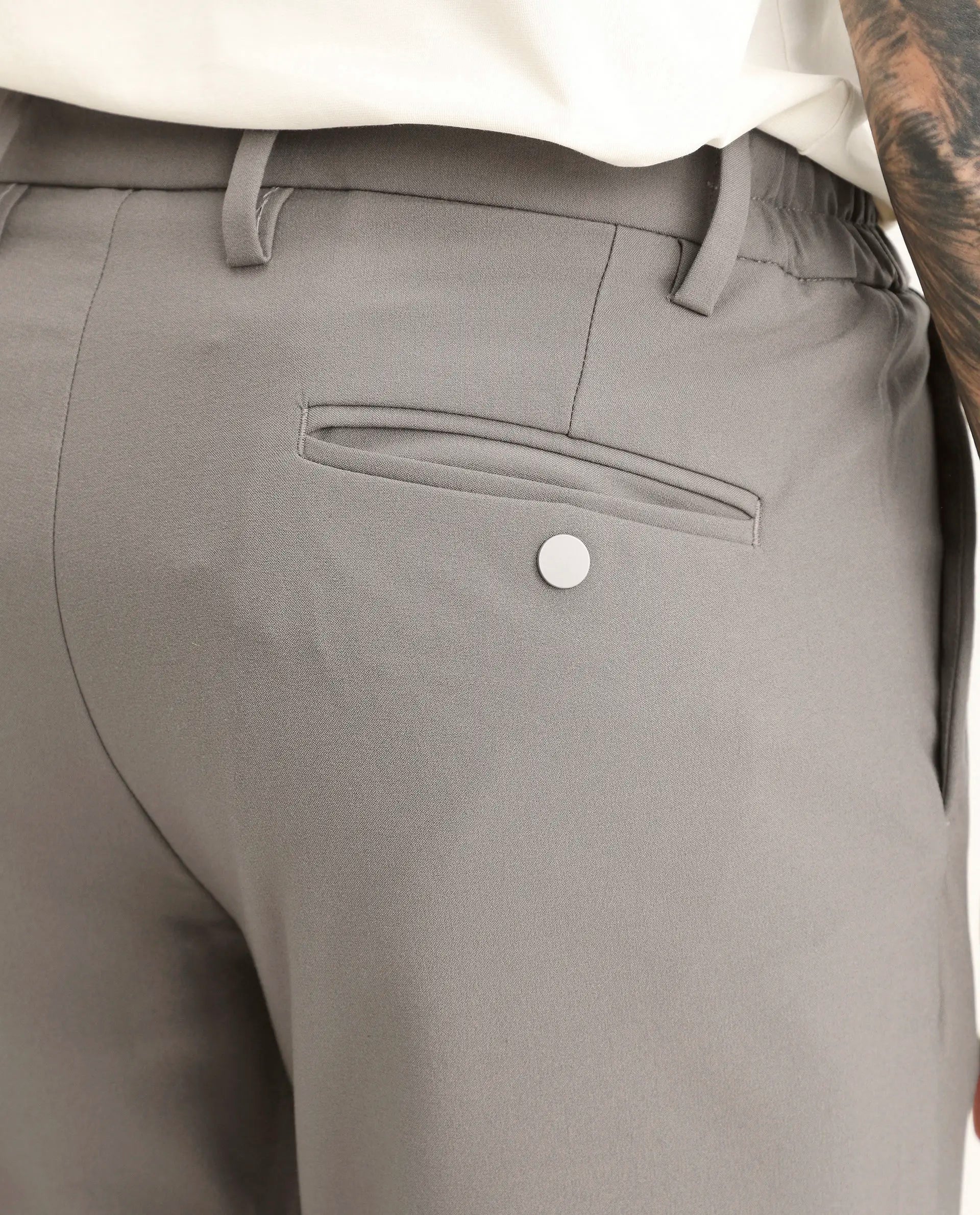 Rare Rabbit Men's Travel-Ss26 Dark Beige Polyester Fabric Button And Zip Closure Closure Plain Trouser | Rare Rabbit at Broadway