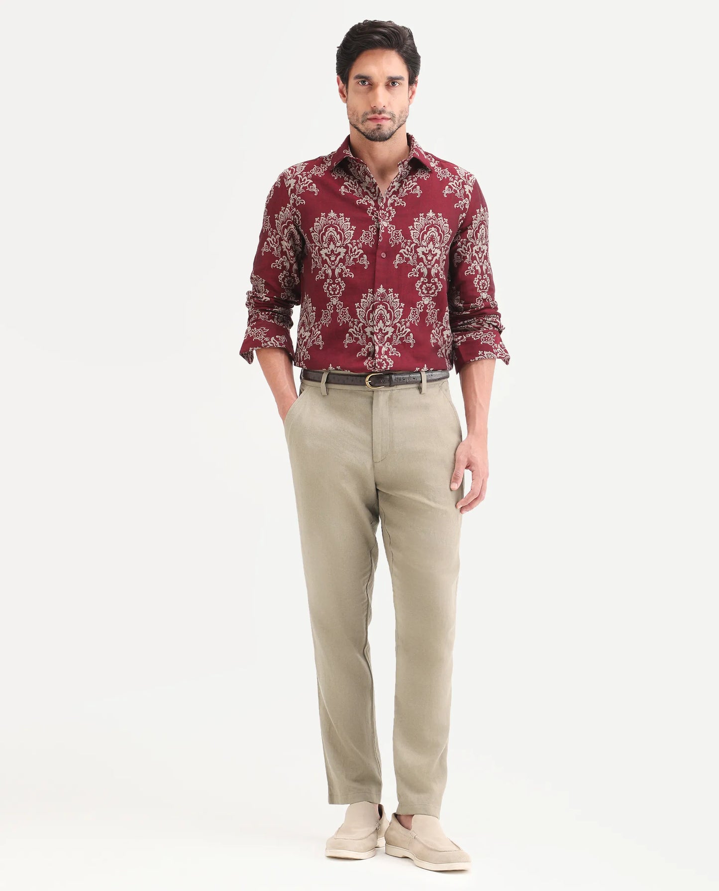 Rare Rabbit Men's Jomo-Ss26 Khaki Linen Blend Fabric Regular Fit Plain Trouser | Rare Rabbit at Broadway