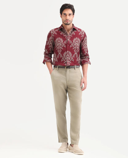 Rare Rabbit Men's Jomo-Ss26 Khaki Linen Blend Fabric Regular Fit Plain Trouser | Rare Rabbit at Broadway