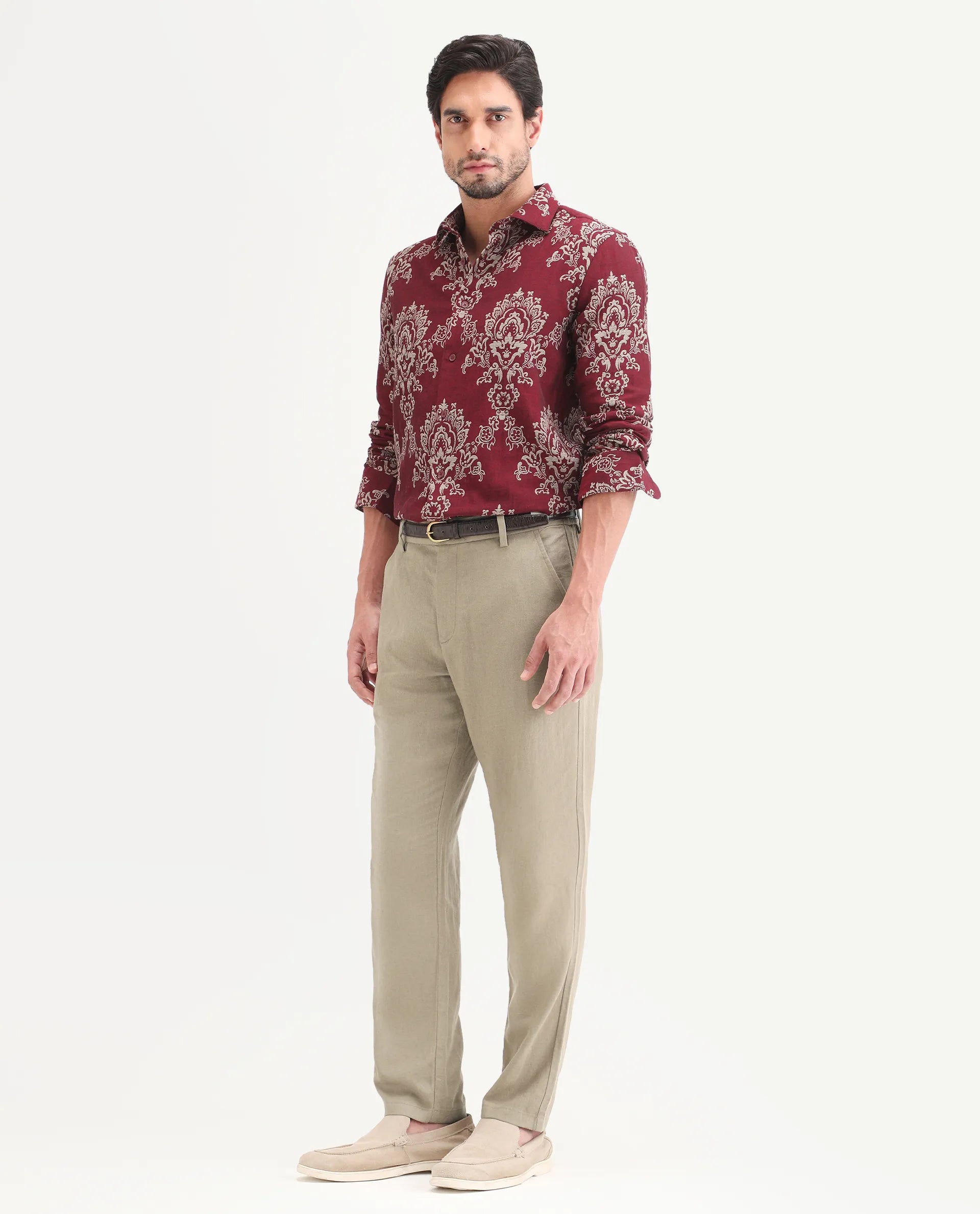 Rare Rabbit Men's Jomo-Ss26 Khaki Linen Blend Fabric Regular Fit Plain Trouser | Rare Rabbit at Broadway