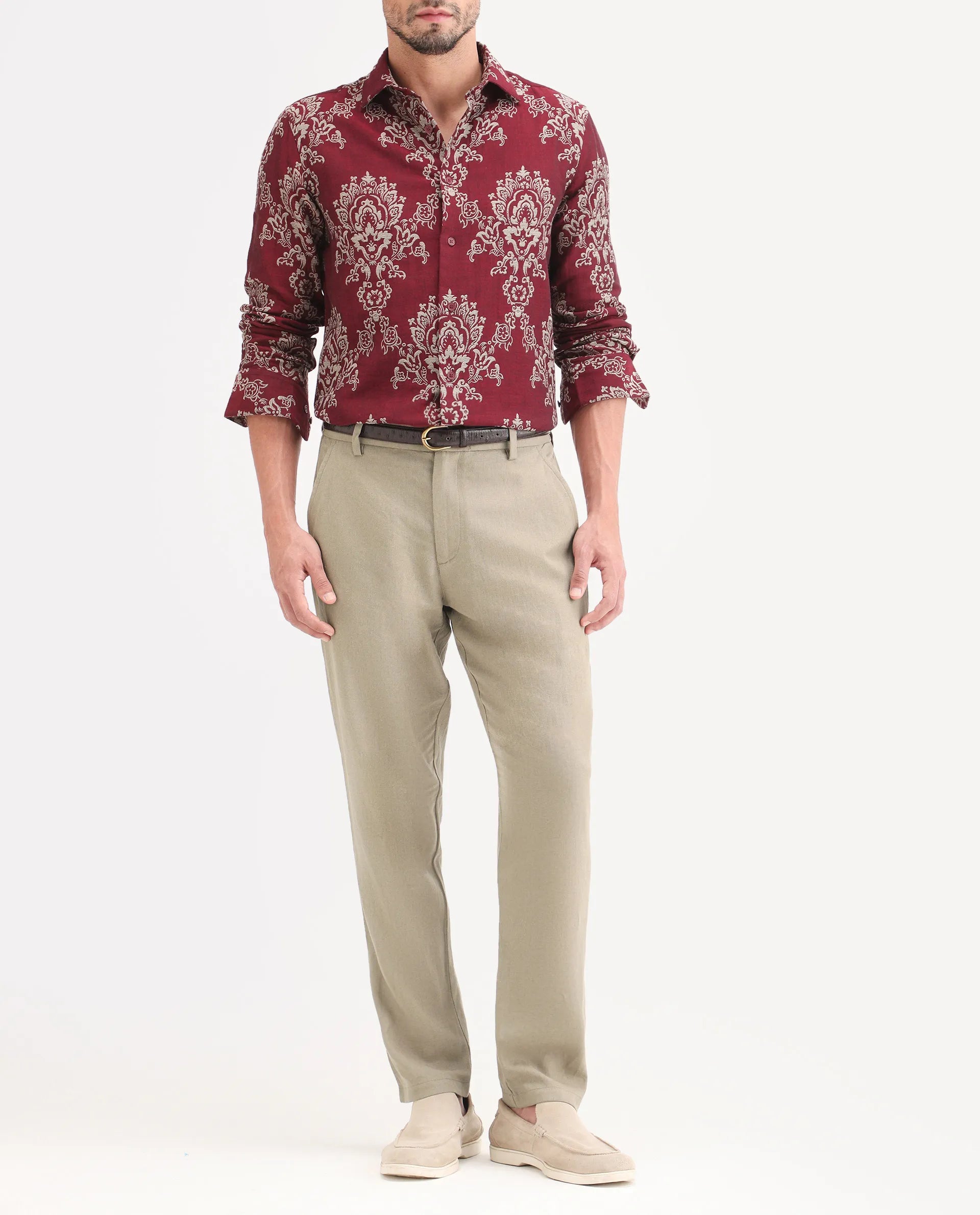 Rare Rabbit Men's Jomo-Ss26 Khaki Linen Blend Fabric Regular Fit Plain Trouser | Rare Rabbit at Broadway