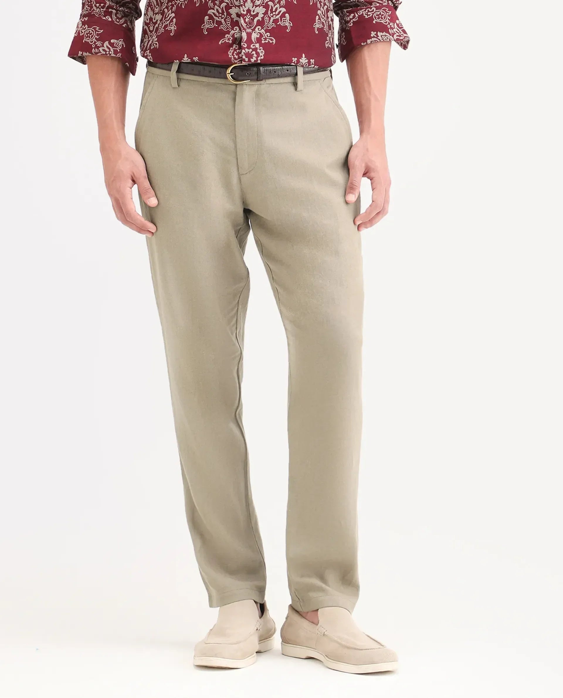 Rare Rabbit Men's Jomo-Ss26 Khaki Linen Blend Fabric Regular Fit Plain Trouser | Rare Rabbit at Broadway