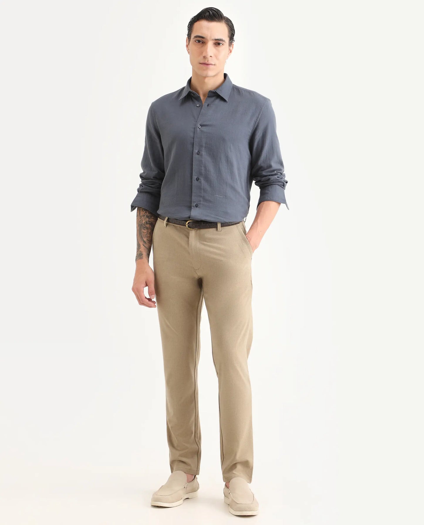 Rare Rabbit Men's Driver-Ss26 Khaki Polyester Blend Fabric Regular Fit Plain Trouser | Rare Rabbit at Broadway