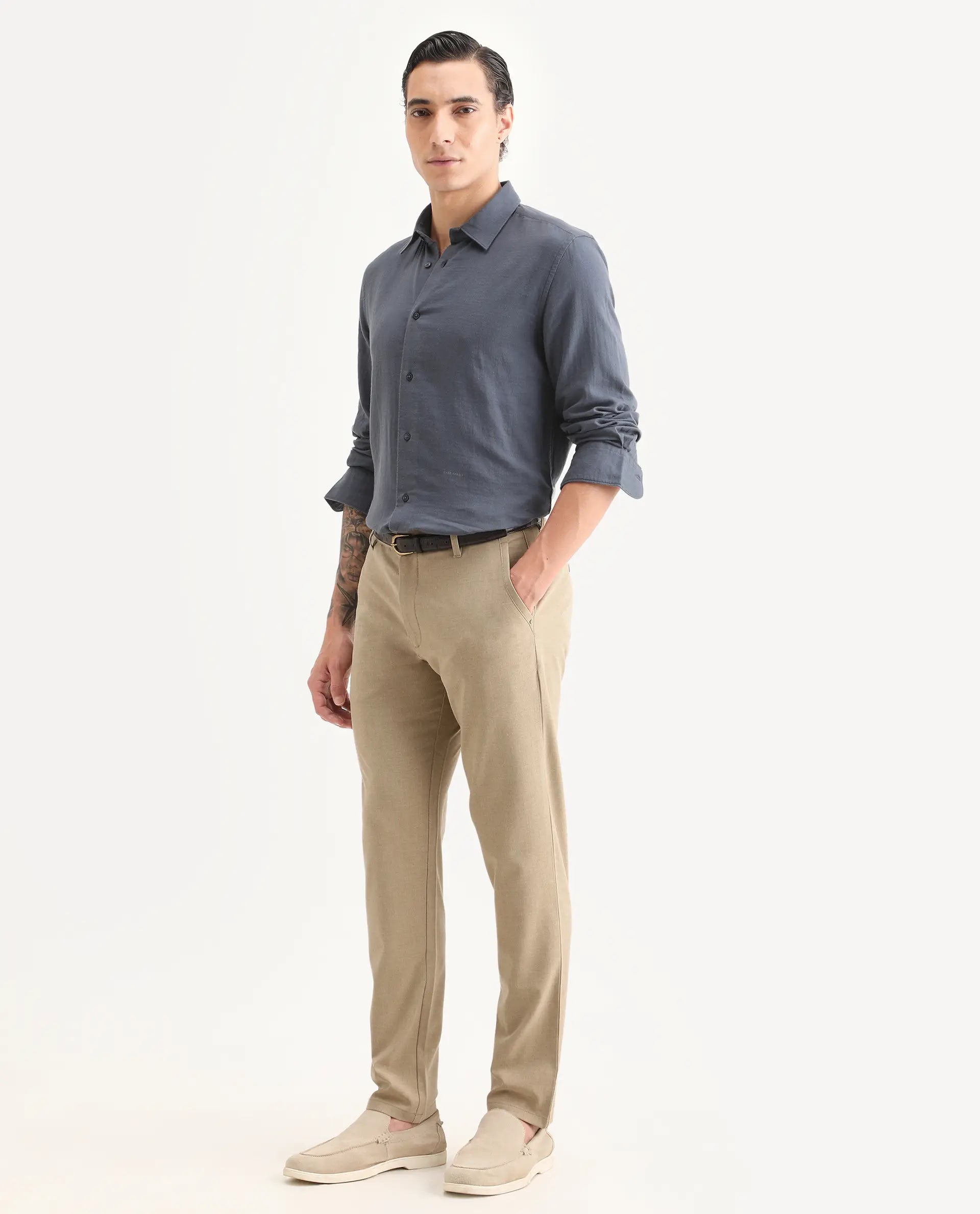 Rare Rabbit Men's Driver-Ss26 Khaki Polyester Blend Fabric Regular Fit Plain Trouser | Rare Rabbit at Broadway