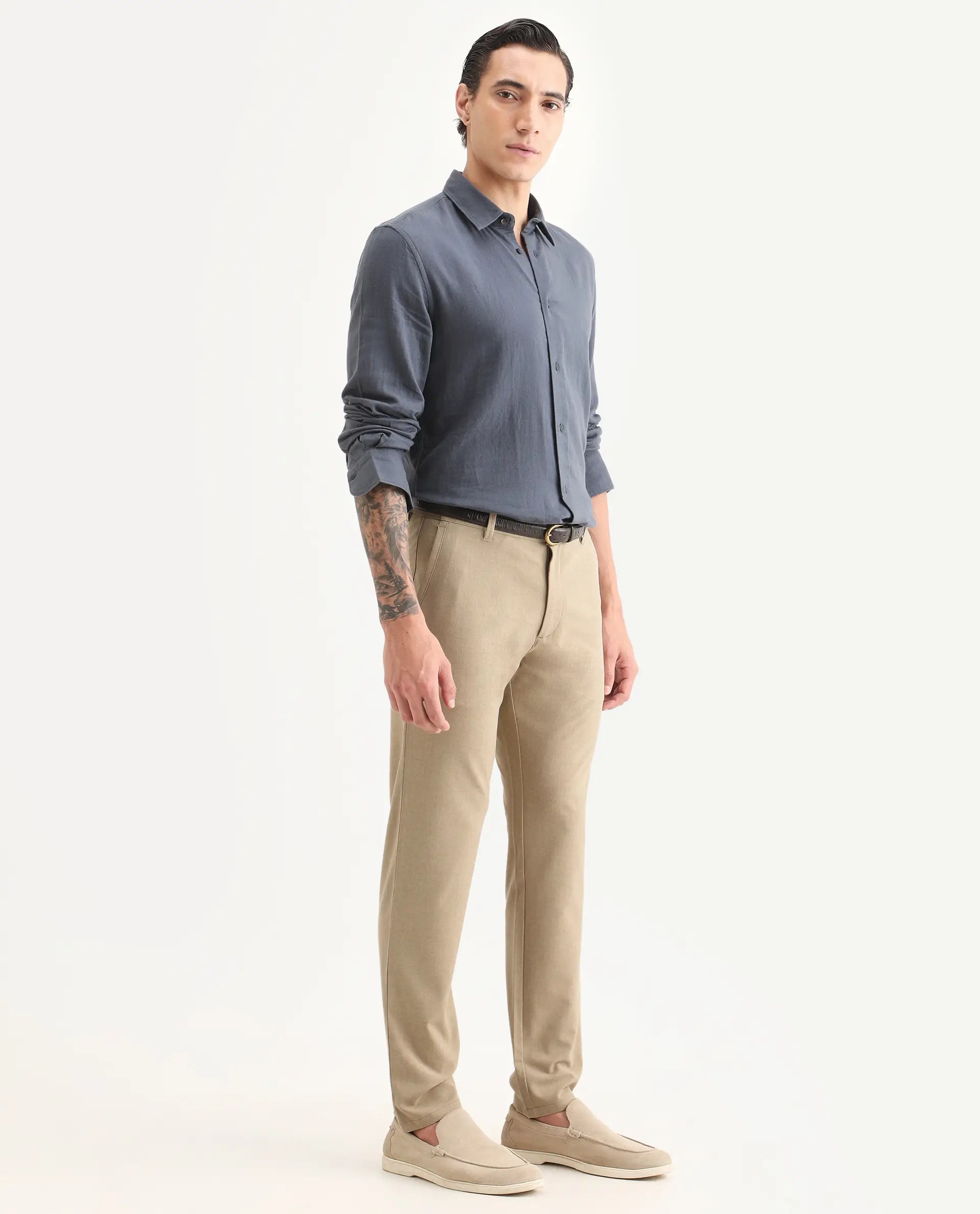 Rare Rabbit Men's Driver-Ss26 Khaki Polyester Blend Fabric Regular Fit Plain Trouser | Rare Rabbit at Broadway