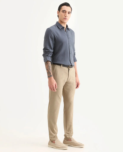 Rare Rabbit Men's Driver-Ss26 Khaki Polyester Blend Fabric Regular Fit Plain Trouser | Rare Rabbit at Broadway