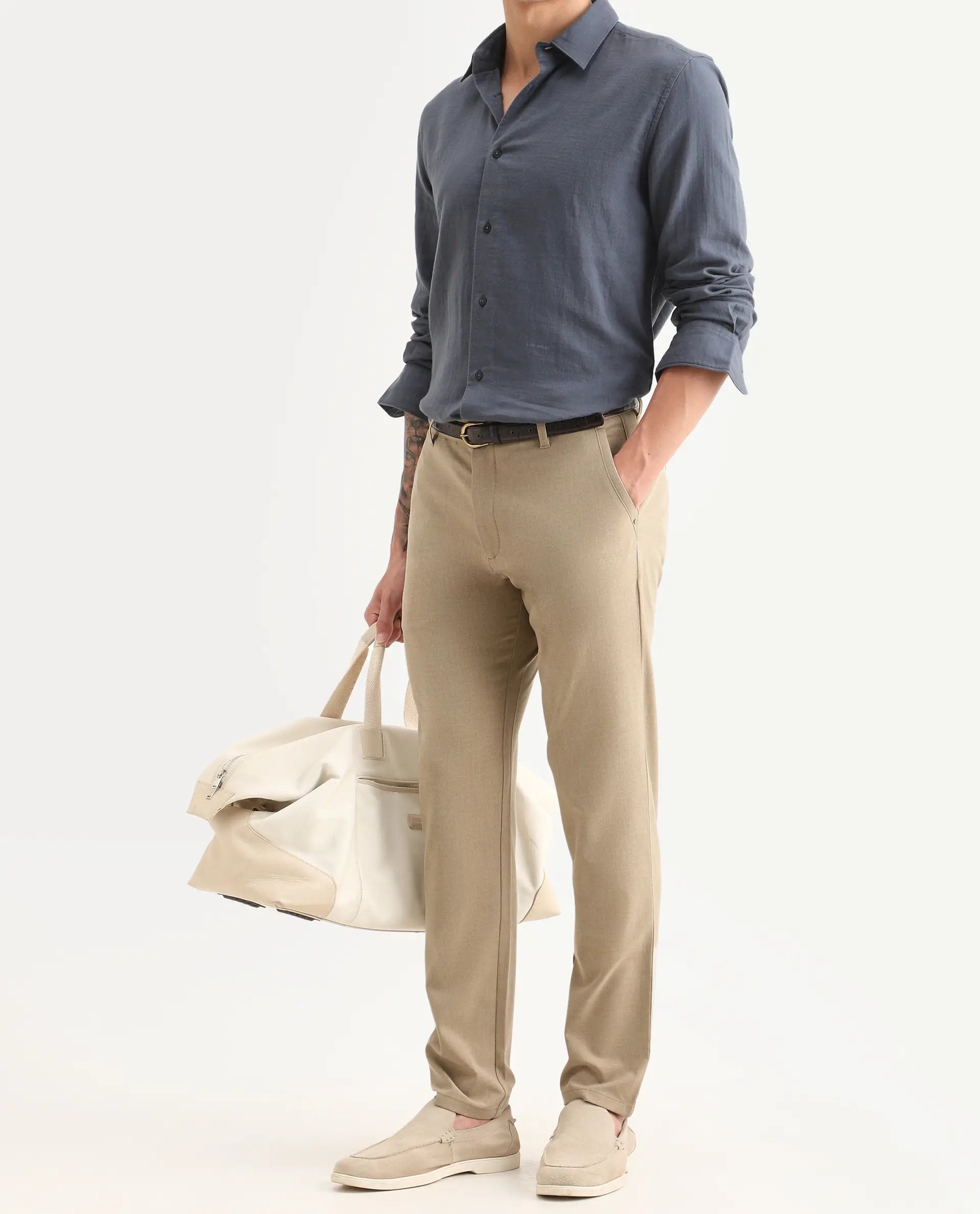 Rare Rabbit Men's Driver-Ss26 Khaki Polyester Blend Fabric Regular Fit Plain Trouser | Rare Rabbit at Broadway