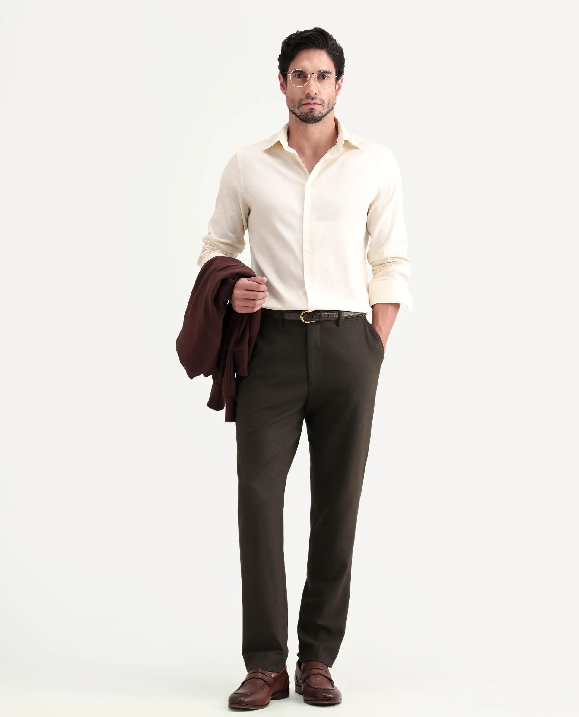 Rare Rabbit Men's Austi-Ss26 Dark Olive Polyester Blend Fabric Regular Fit Plain Trouser | Rare Rabbit at Broadway