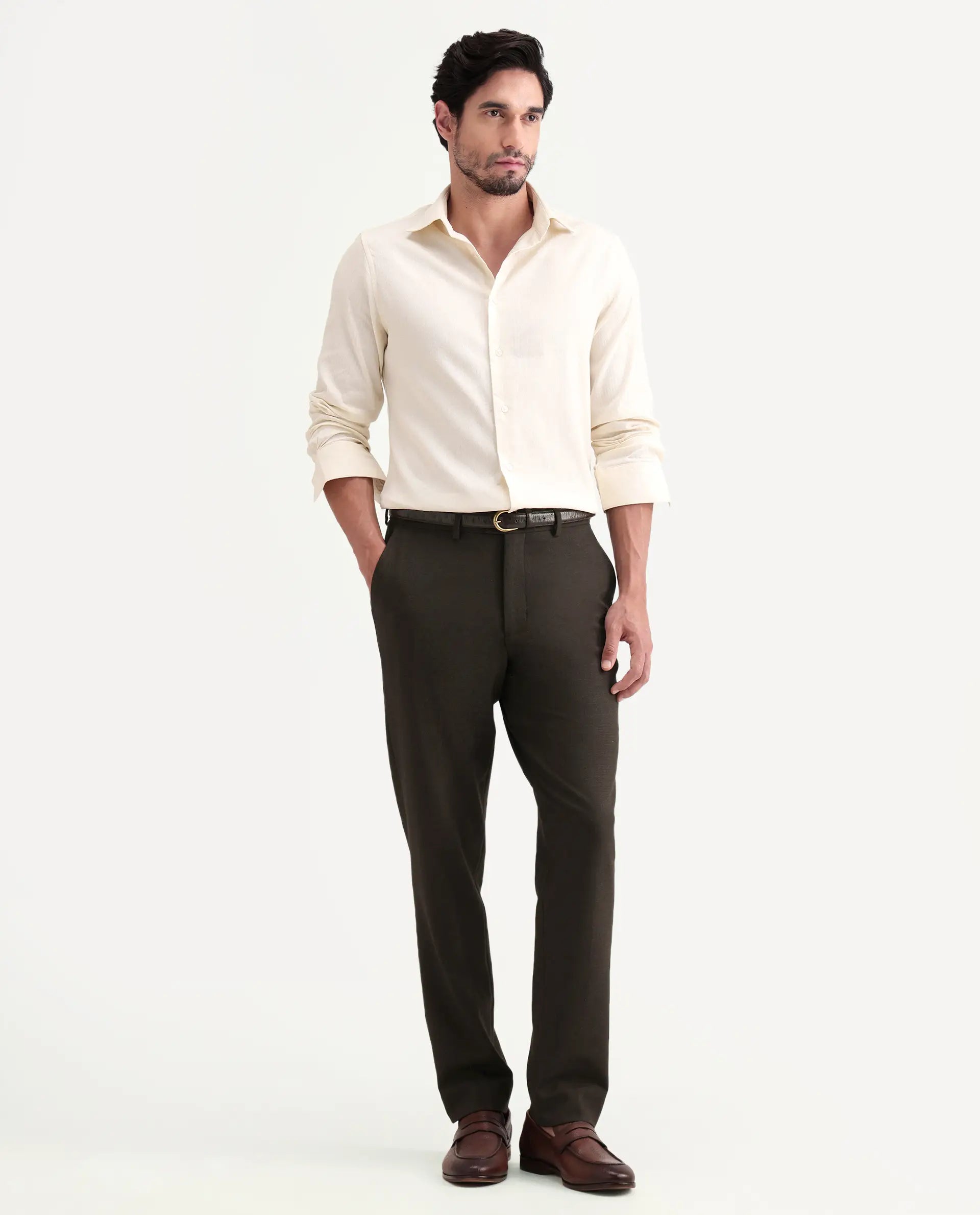 Rare Rabbit Men's Austi-Ss26 Dark Olive Polyester Blend Fabric Regular Fit Plain Trouser | Rare Rabbit at Broadway