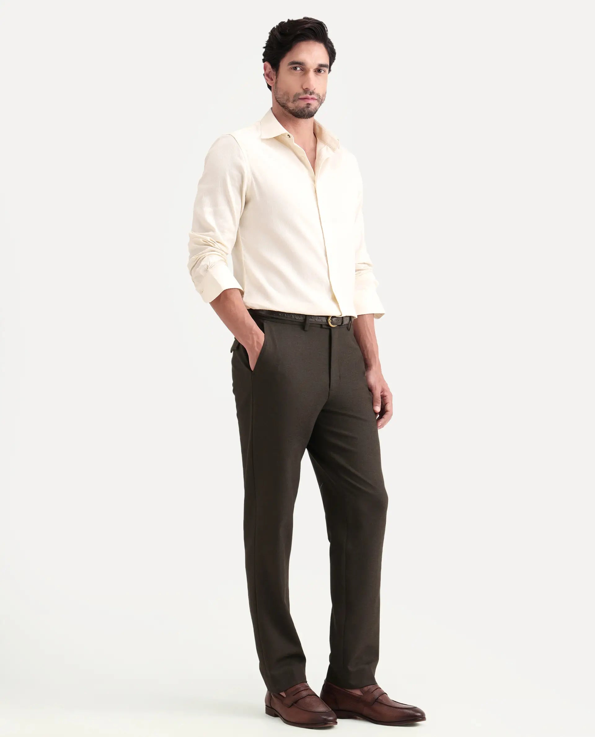 Rare Rabbit Men's Austi-Ss26 Dark Olive Polyester Blend Fabric Regular Fit Plain Trouser | Rare Rabbit at Broadway