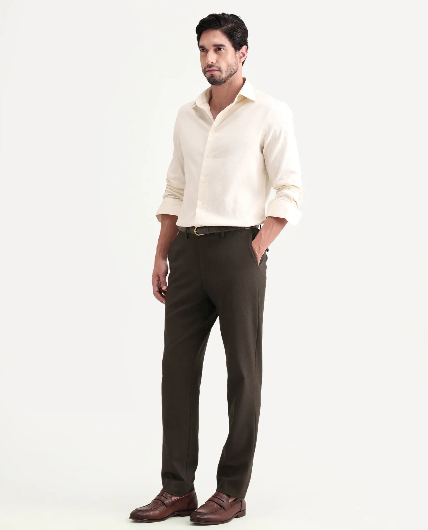 Rare Rabbit Men's Austi-Ss26 Dark Olive Polyester Blend Fabric Regular Fit Plain Trouser | Rare Rabbit at Broadway