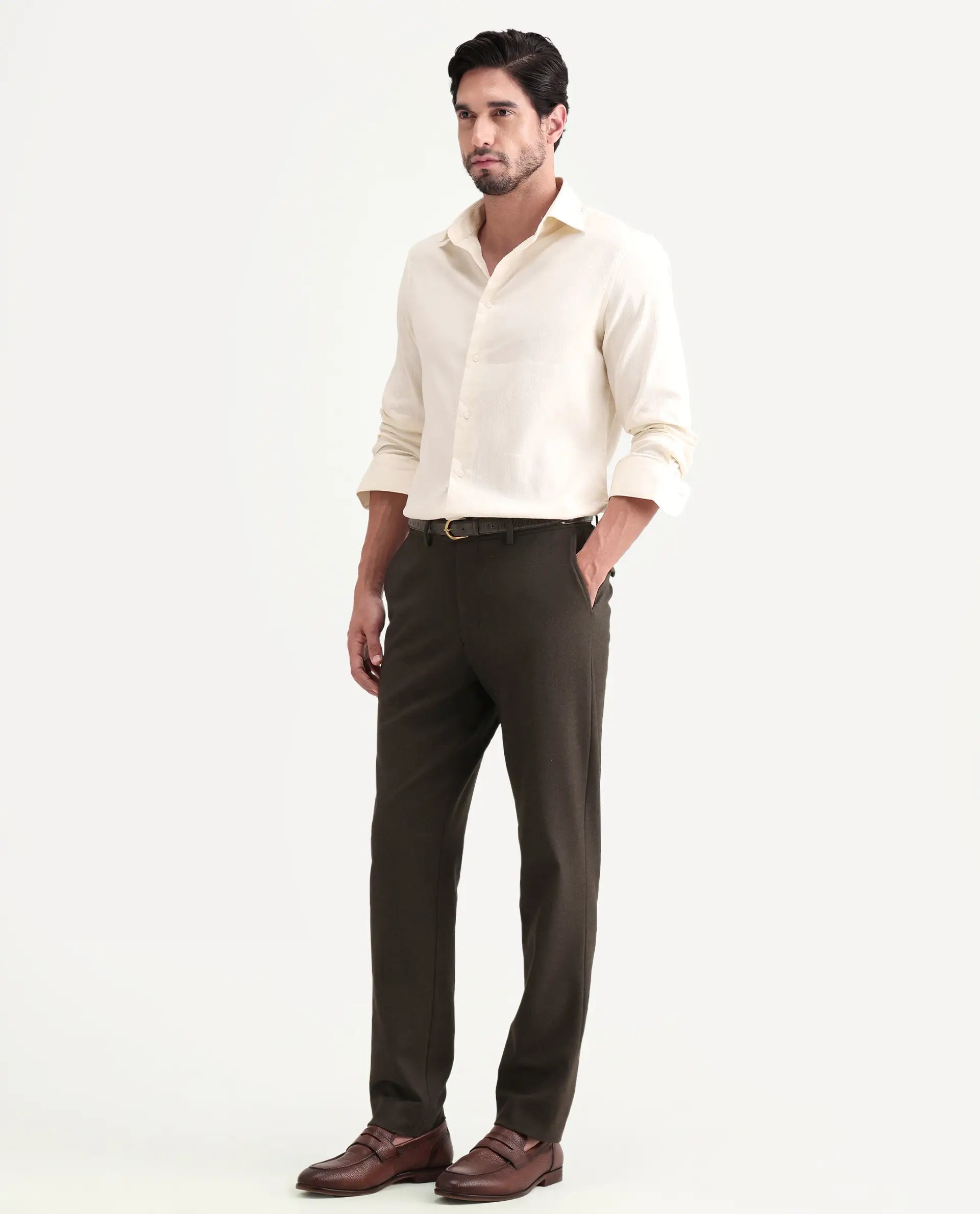 Rare Rabbit Men's Austi-Ss26 Dark Olive Polyester Blend Fabric Regular Fit Plain Trouser | Rare Rabbit at Broadway