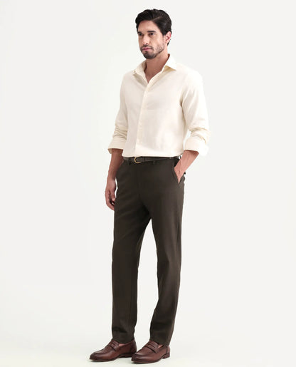 Rare Rabbit Men's Austi-Ss26 Dark Olive Polyester Blend Fabric Regular Fit Plain Trouser | Rare Rabbit at Broadway