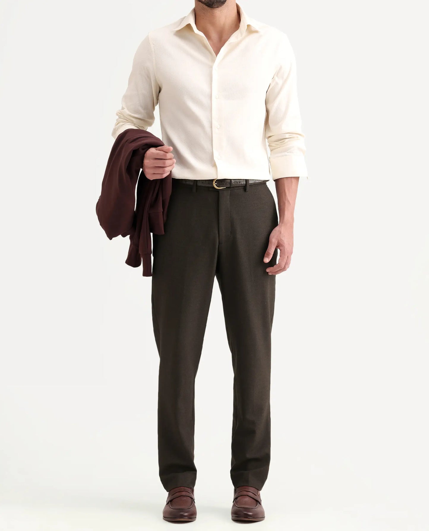 Rare Rabbit Men's Austi-Ss26 Dark Olive Polyester Blend Fabric Regular Fit Plain Trouser | Rare Rabbit at Broadway