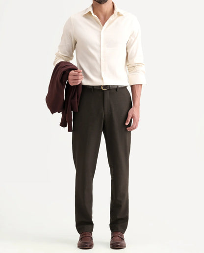 Rare Rabbit Men's Austi-Ss26 Dark Olive Polyester Blend Fabric Regular Fit Plain Trouser | Rare Rabbit at Broadway