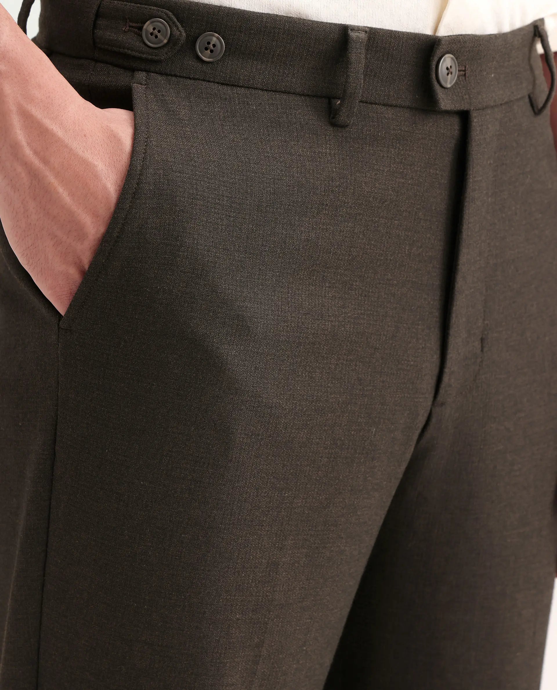 Rare Rabbit Men's Austi-Ss26 Dark Olive Polyester Blend Fabric Regular Fit Plain Trouser | Rare Rabbit at Broadway