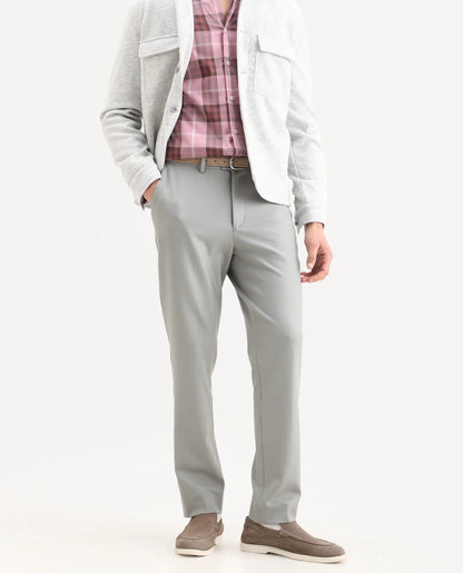 Rare Rabbit Men's Austi-Ss26 Grey Polyester Blend Fabric Regular Fit Plain Trouser | Rare Rabbit at Broadway