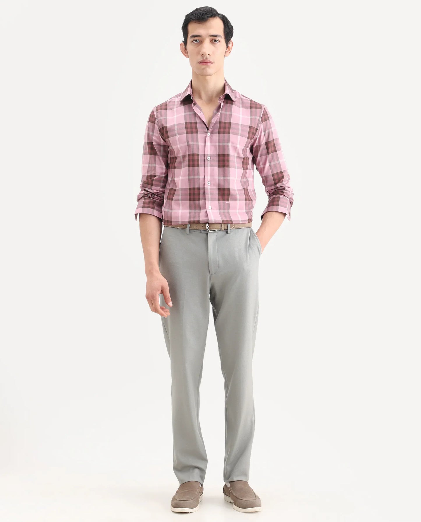 Rare Rabbit Men's Austi-Ss26 Grey Polyester Blend Fabric Regular Fit Plain Trouser | Rare Rabbit at Broadway