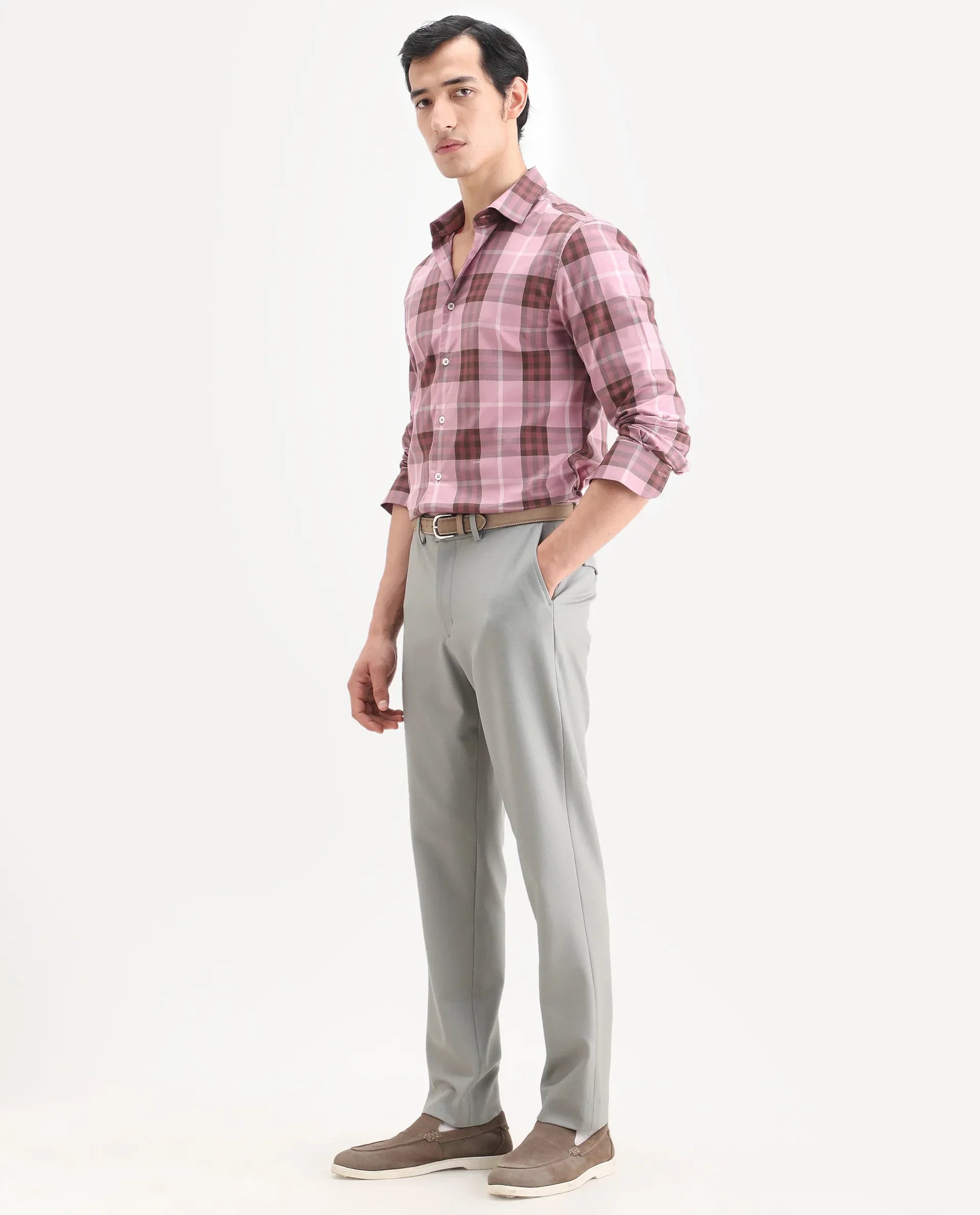Rare Rabbit Men's Austi-Ss26 Grey Polyester Blend Fabric Regular Fit Plain Trouser | Rare Rabbit at Broadway