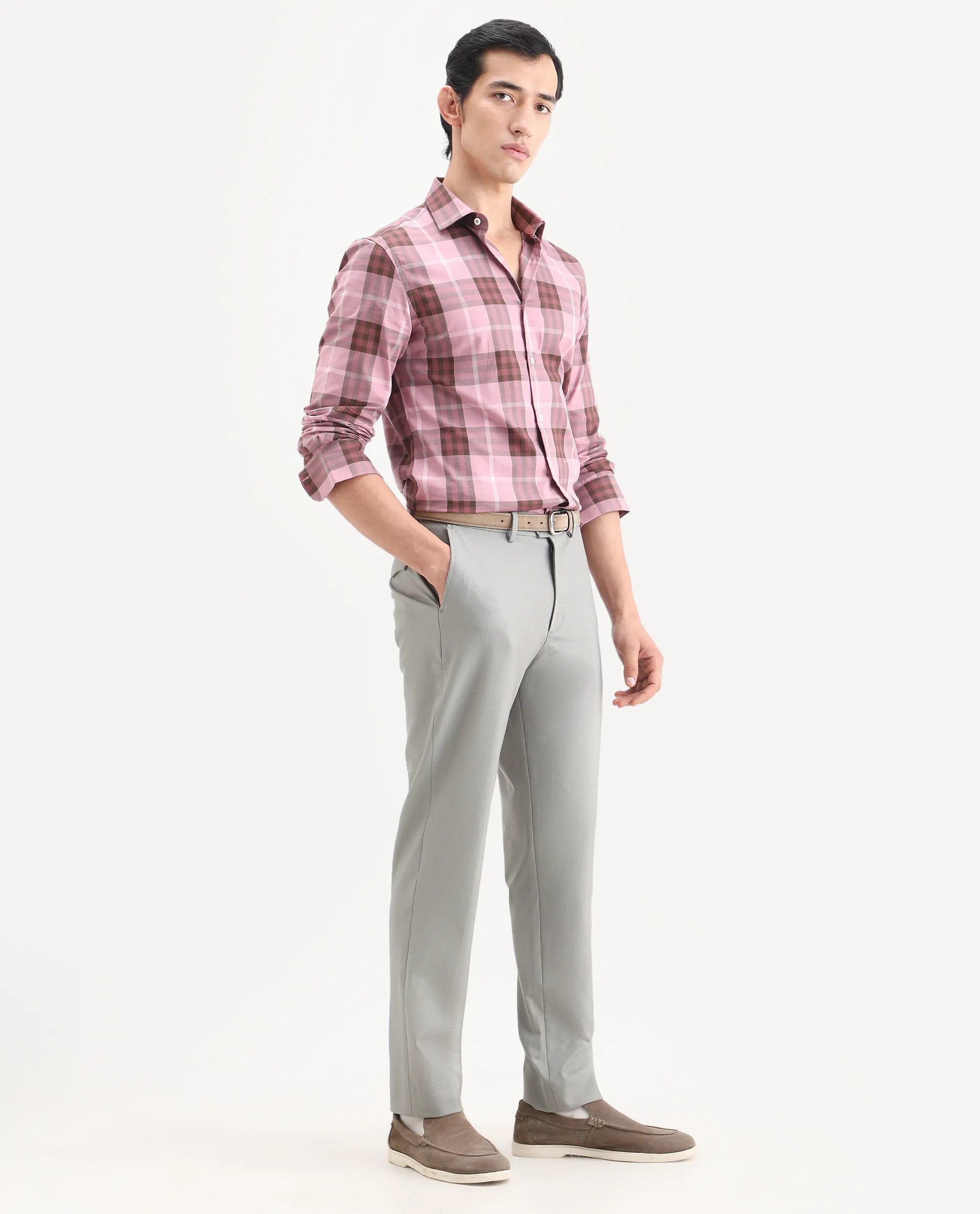 Rare Rabbit Men's Austi-Ss26 Grey Polyester Blend Fabric Regular Fit Plain Trouser | Rare Rabbit at Broadway