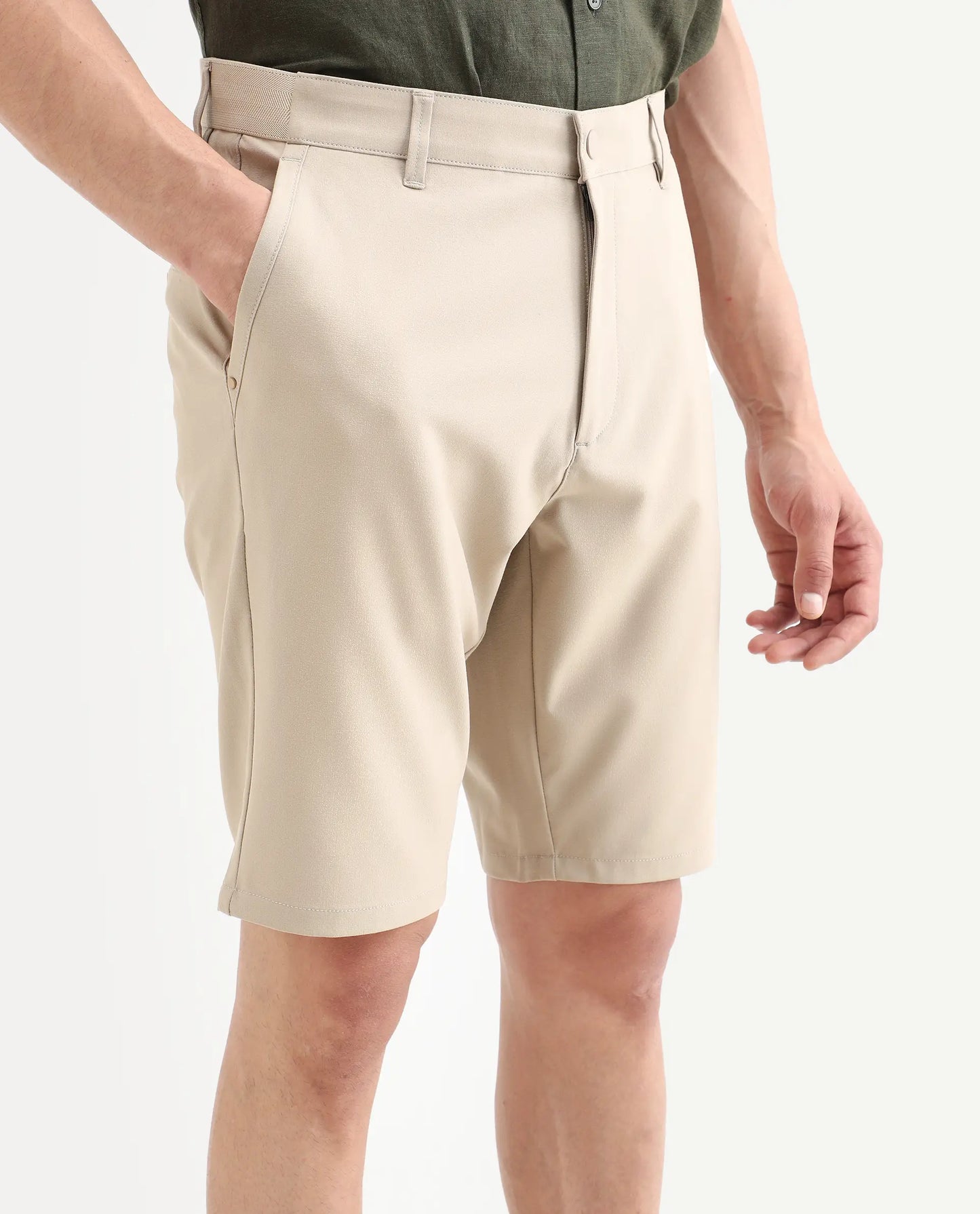 Rare Rabbit Men's Drivo-Ss26 Light Khaki Polyester Blend Fabric Regular Fit Plain Shorts | Rare Rabbit at Broadway