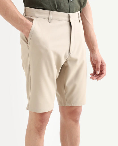 Rare Rabbit Men's Drivo-Ss26 Light Khaki Polyester Blend Fabric Regular Fit Plain Shorts | Rare Rabbit at Broadway
