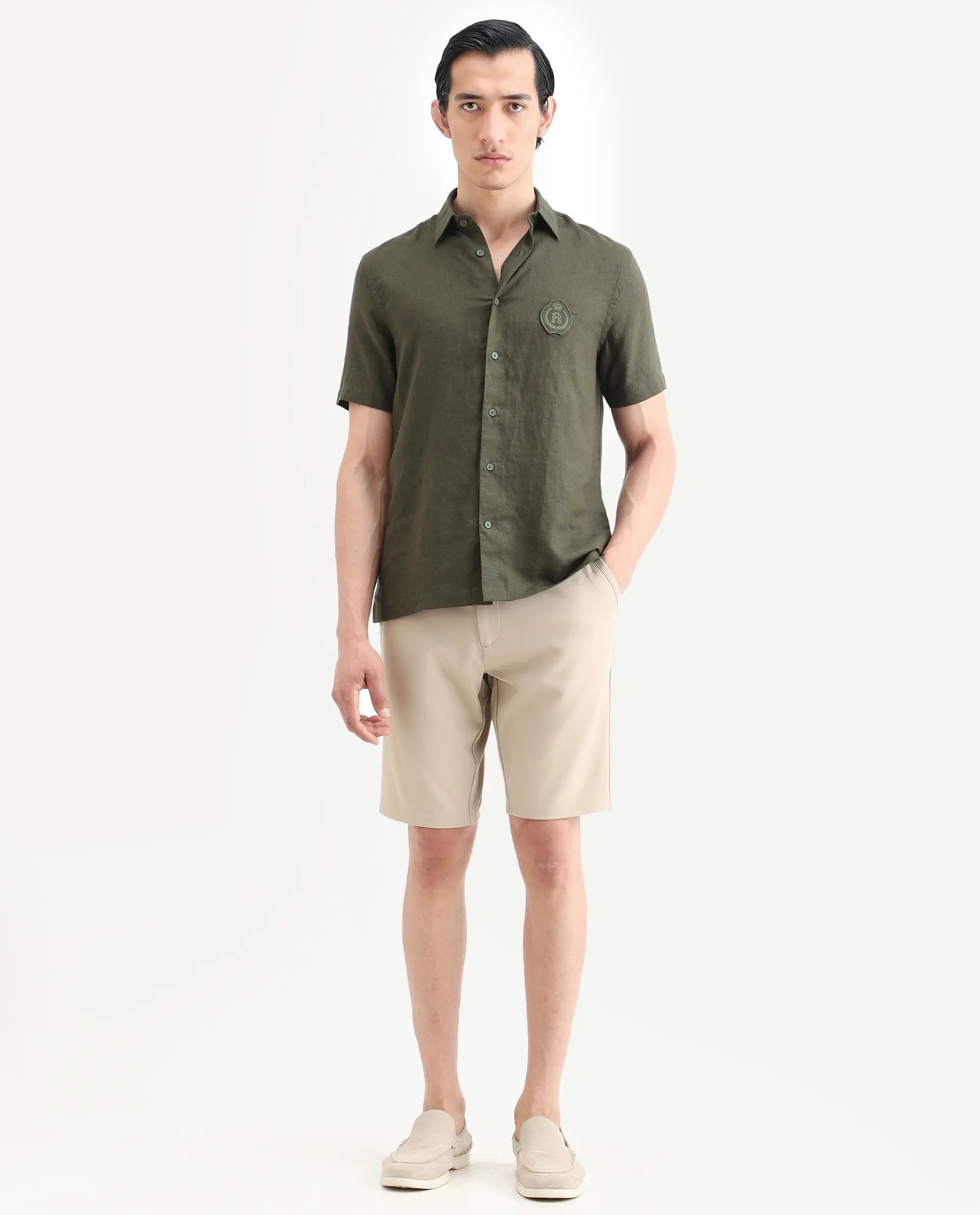 Rare Rabbit Men's Drivo-Ss26 Light Khaki Polyester Blend Fabric Regular Fit Plain Shorts | Rare Rabbit at Broadway