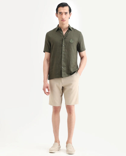 Rare Rabbit Men's Drivo-Ss26 Light Khaki Polyester Blend Fabric Regular Fit Plain Shorts | Rare Rabbit at Broadway