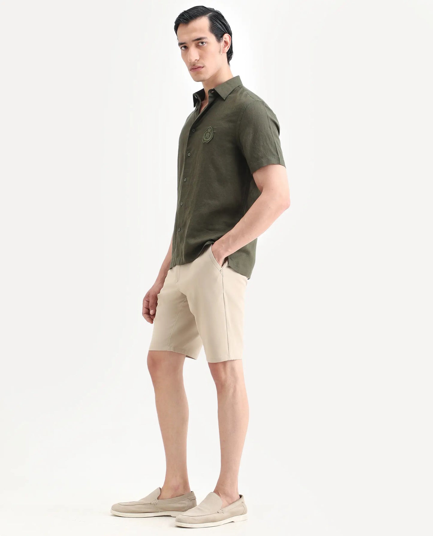 Rare Rabbit Men's Drivo-Ss26 Light Khaki Polyester Blend Fabric Regular Fit Plain Shorts | Rare Rabbit at Broadway