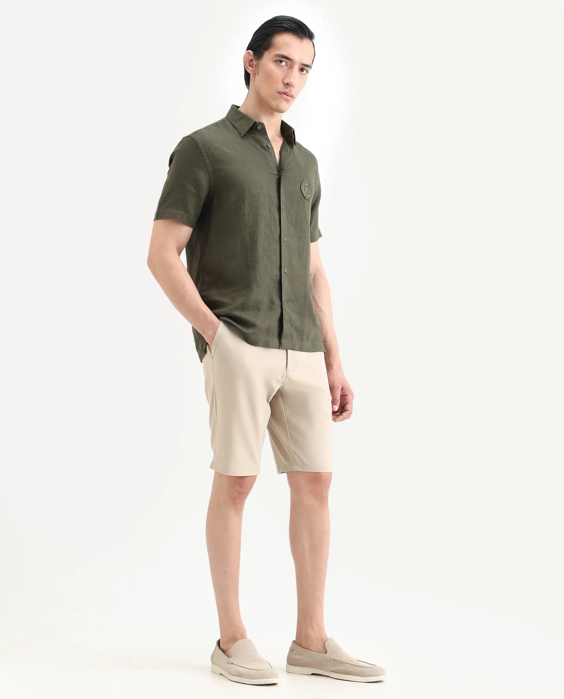 Rare Rabbit Men's Drivo-Ss26 Light Khaki Polyester Blend Fabric Regular Fit Plain Shorts | Rare Rabbit at Broadway