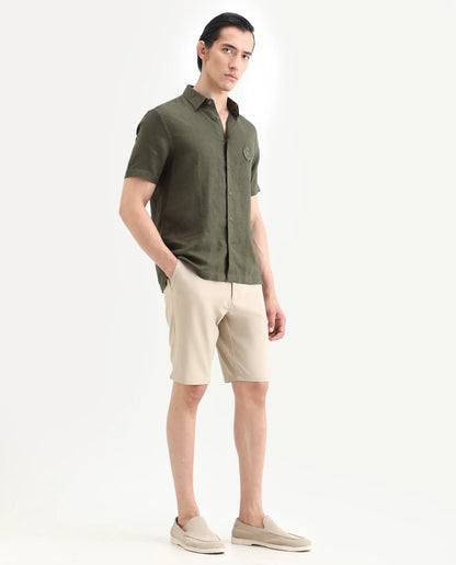 Rare Rabbit Men's Drivo-Ss26 Light Khaki Polyester Blend Fabric Regular Fit Plain Shorts | Rare Rabbit at Broadway