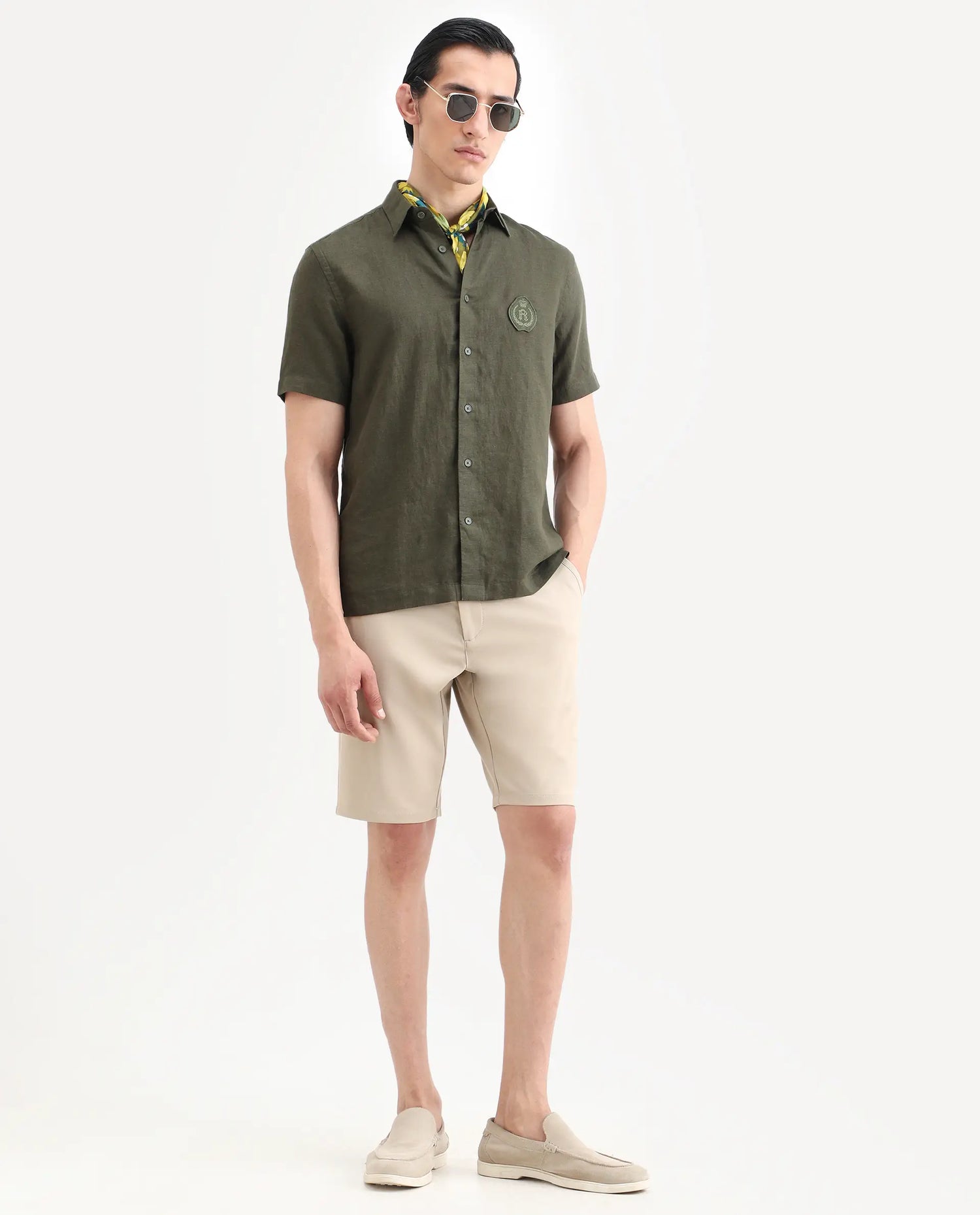 Rare Rabbit Men's Drivo-Ss26 Light Khaki Polyester Blend Fabric Regular Fit Plain Shorts | Rare Rabbit at Broadway