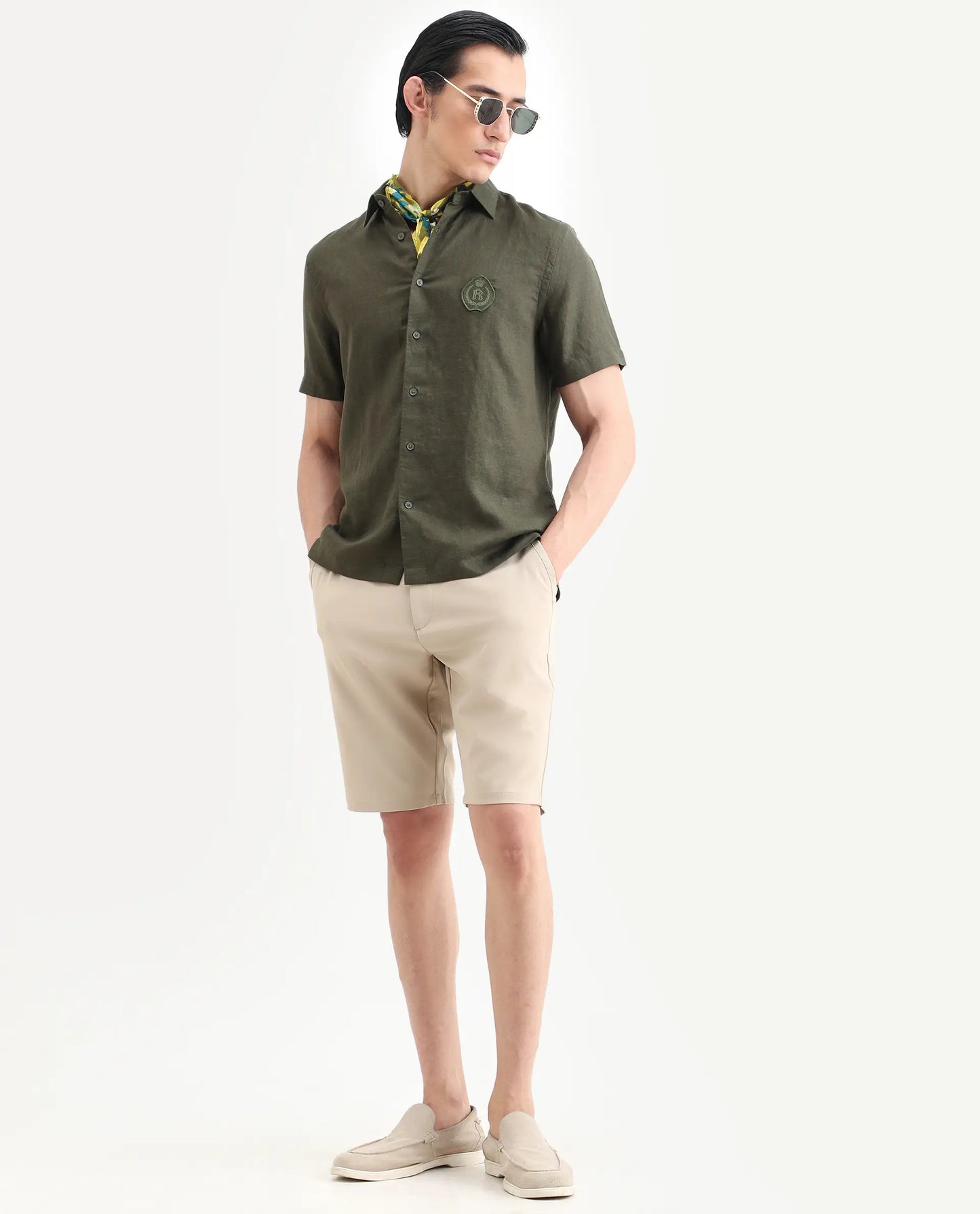 Rare Rabbit Men's Drivo-Ss26 Light Khaki Polyester Blend Fabric Regular Fit Plain Shorts | Rare Rabbit at Broadway