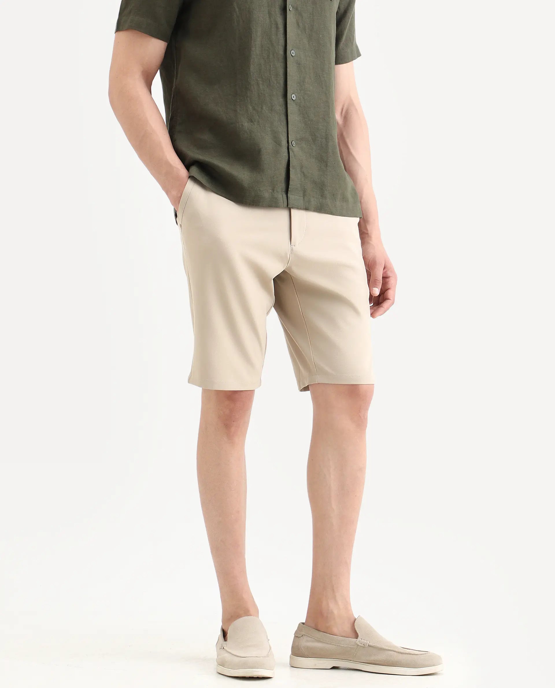 Rare Rabbit Men's Drivo-Ss26 Light Khaki Polyester Blend Fabric Regular Fit Plain Shorts | Rare Rabbit at Broadway