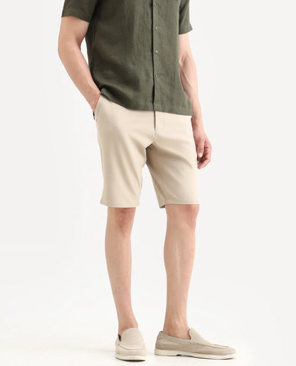 Rare Rabbit Men's Drivo-Ss26 Light Khaki Polyester Blend Fabric Regular Fit Plain Shorts | Rare Rabbit at Broadway